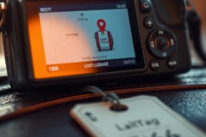 A traveler using a smartphone to take a photo of their luggage with GPS enabled, showing location data embedded in the image
