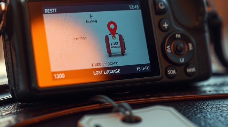 A traveler using a smartphone to take a photo of their luggage with GPS enabled, showing location data embedded in the image