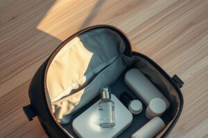 Silicone travel bottle sealed with cling wrap inside a clear TSA-compliant ziplock bag