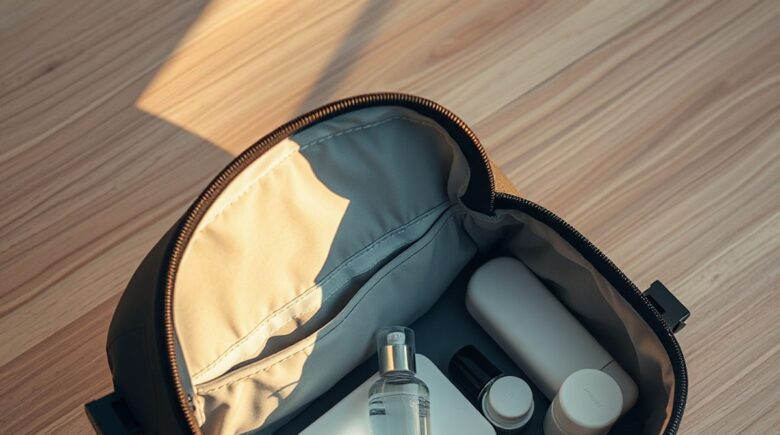 Silicone travel bottle sealed with cling wrap inside a clear TSA-compliant ziplock bag