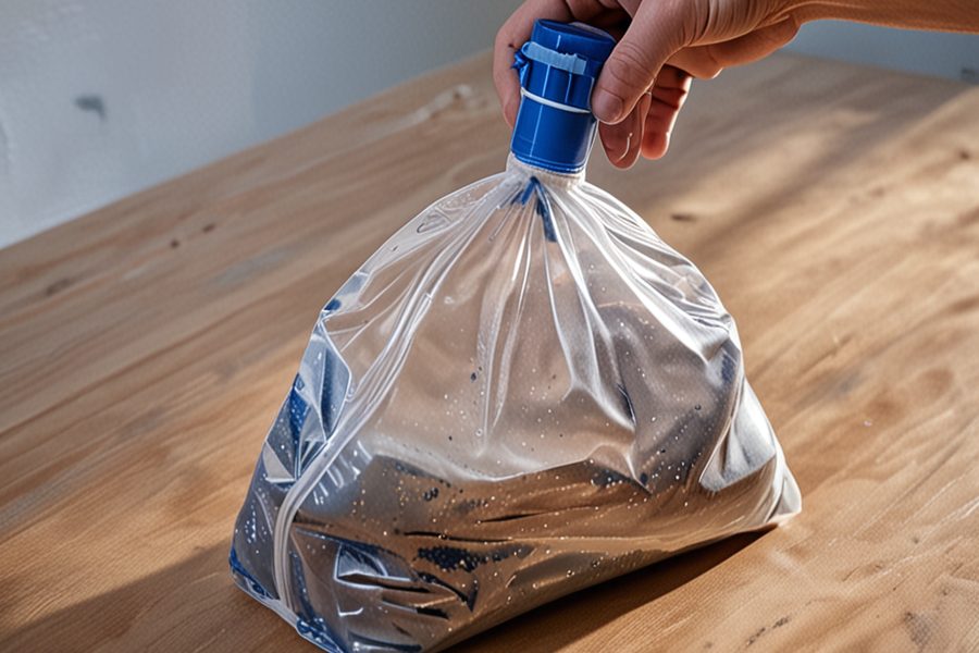 A travel bag with multiple layers of containment, including bottles inside a ziplock, wrapped in plastic wrap, and placed within a compression cube
