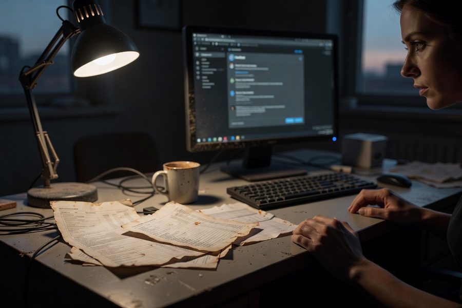 Business owner reviewing chatbot logs and updating responses on a laptop