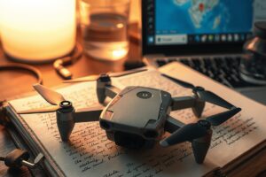 Digital nomad in Bali flying a compact DJI drone over coastal landscape for travel journaling