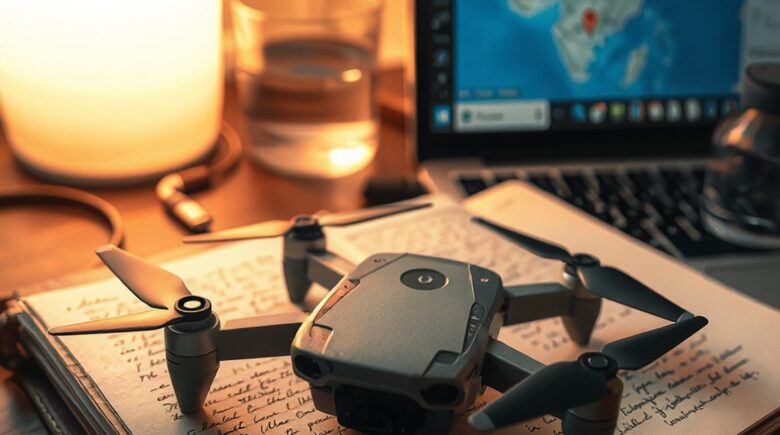 Digital nomad in Bali flying a compact DJI drone over coastal landscape for travel journaling