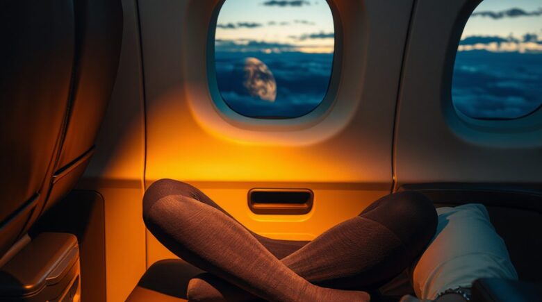 Traveler wearing compression socks during long-haul flight with laptop on lap