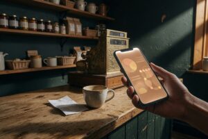 Smartphone displaying a customer loyalty app interface with digital stamps and points system for a local business