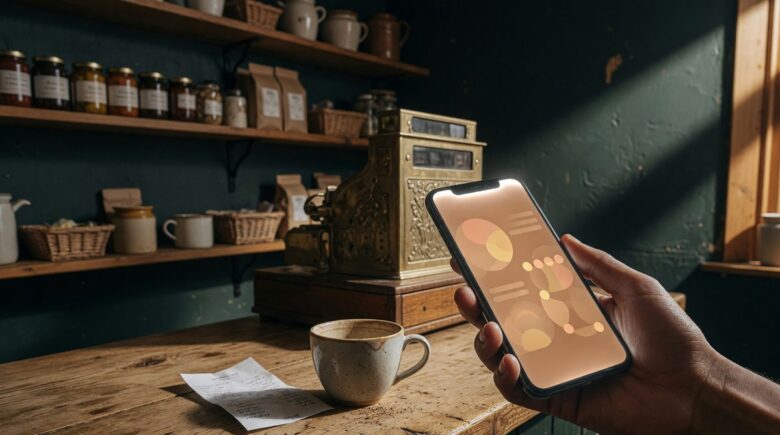 Smartphone displaying a customer loyalty app interface with digital stamps and points system for a local business