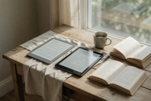 Side-by-side comparison of an e-ink tablet and a traditional iPad displaying the same reading material