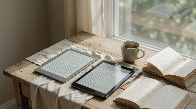 Side-by-side comparison of an e-ink tablet and a traditional iPad displaying the same reading material