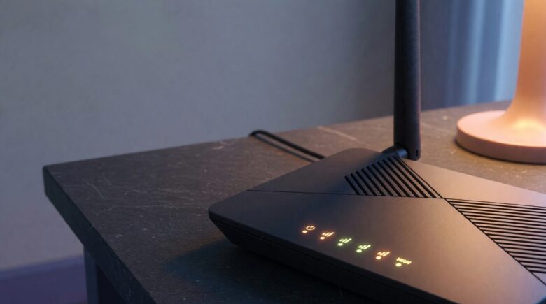 Modern Wi-Fi router on a desk with electricity usage meter display