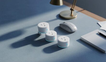 Energy-saving smart plugs plugged into outlet with computer and printer in background