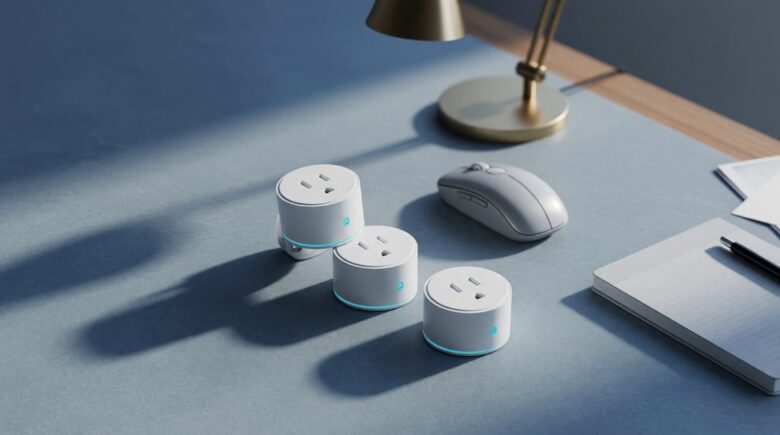 Energy-saving smart plugs plugged into outlet with computer and printer in background