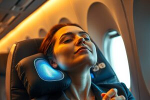 Person wearing a heated travel pillow with USB power cable during a flight