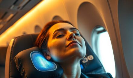 Person wearing a heated travel pillow with USB power cable during a flight