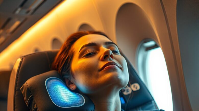 Person wearing a heated travel pillow with USB power cable during a flight