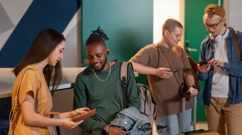 A traveler with a laptop reviewing a multi-airline itinerary on a laptop