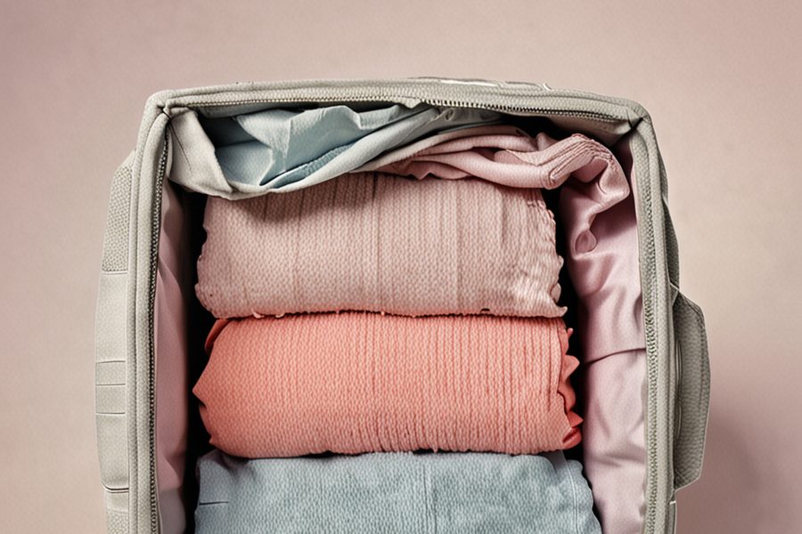 Image of a packed 50L carry-on with labeled compartments: tech, clothes, shoes, toiletries, documents