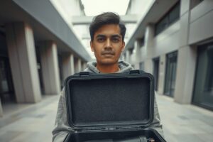 A traveler with a prosthetic limb using a custom carrying case for safe travel