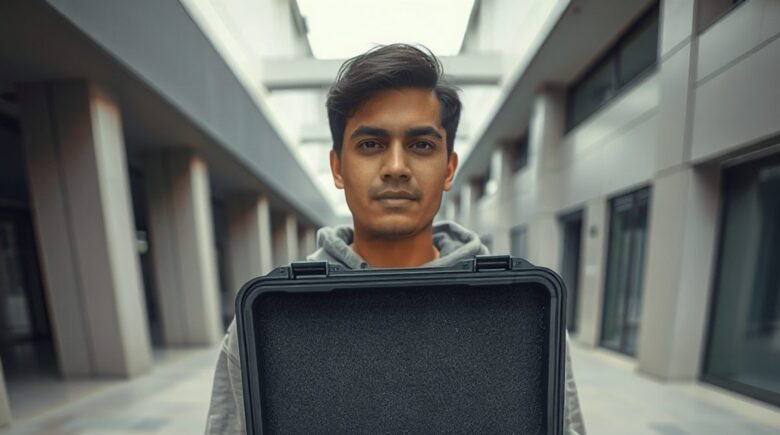 A traveler with a prosthetic limb using a custom carrying case for safe travel