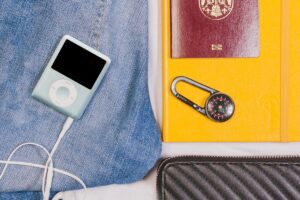 Passport adapter with integrated prongs fits inside a standard passport holder