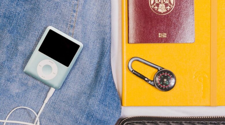 Passport adapter with integrated prongs fits inside a standard passport holder
