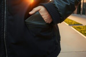 A compact travel wallet fitting into a jacket pocket with secure RFID blocking features