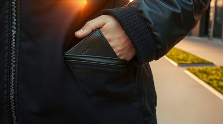 A compact travel wallet fitting into a jacket pocket with secure RFID blocking features