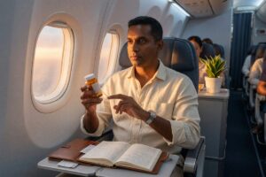 Person adjusting smart light therapy device during international flight to manage jet lag recovery