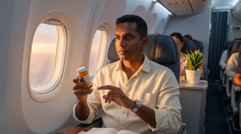Person adjusting smart light therapy device during international flight to manage jet lag recovery