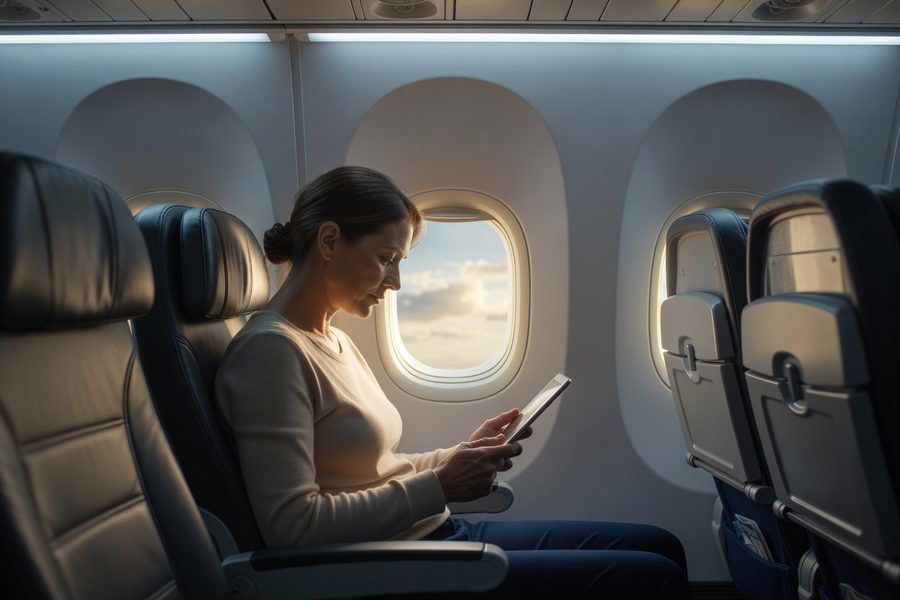 Traveler using phone app with light exposure schedule