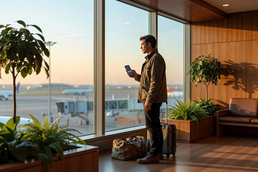 Person wearing light therapy glasses after landing