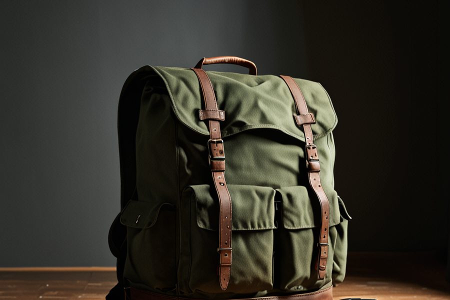 Overhead view of a travel backpack showing laptop sleeve and camera cubes packed separately