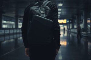 A traveler using a hidden laptop sleeve in their backpack for secure travel