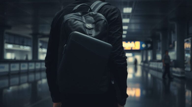 A traveler using a hidden laptop sleeve in their backpack for secure travel