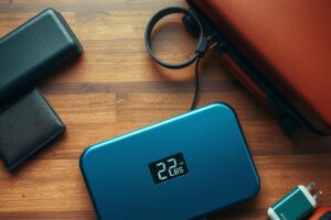 Digital luggage scale weighing a full suitcase at home before airport check-in