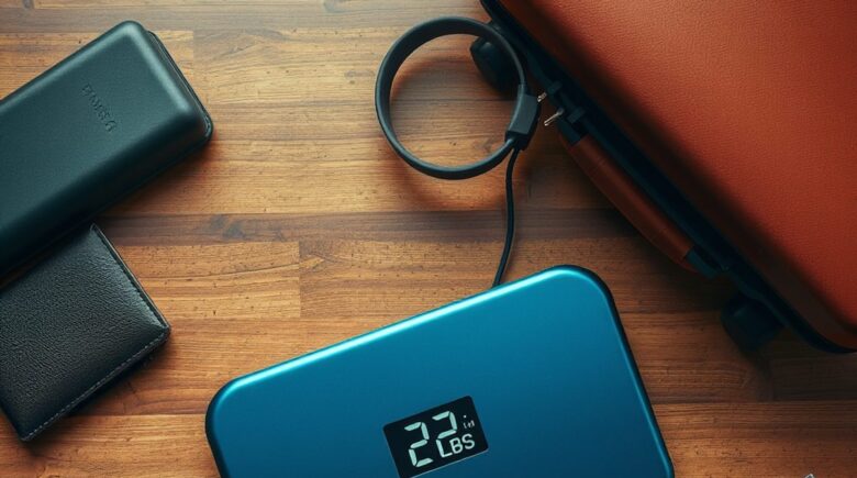 Digital luggage scale weighing a full suitcase at home before airport check-in