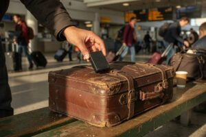 Person checking luggage tracker app on phone while at airport baggage claim