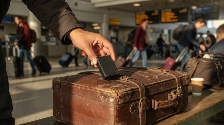 Person checking luggage tracker app on phone while at airport baggage claim
