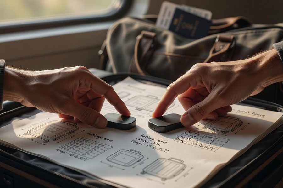 Four compact Bluetooth luggage trackers on a table next to a passport