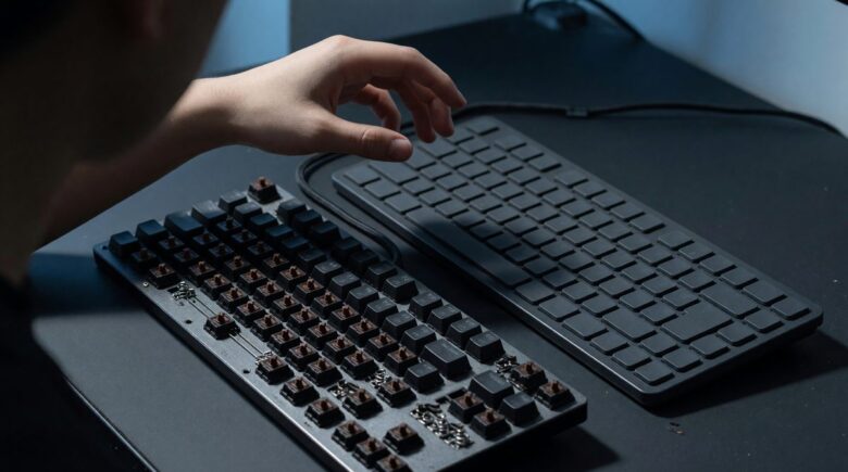 Side-by-side comparison of a mechanical keyboard and membrane keyboard on a desk