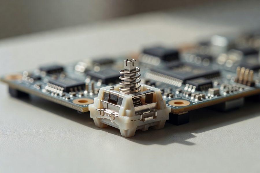 Microscope photo of a worn membrane dome next to a pristine spring switch