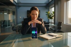 Consultant reviewing meeting transcription on laptop with headphones