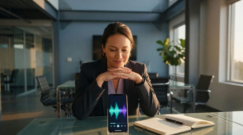 Consultant reviewing meeting transcription on laptop with headphones