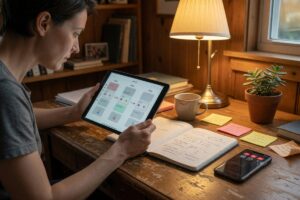 Micro-agency owner reviewing sales pipeline in a free CRM application on laptop screen