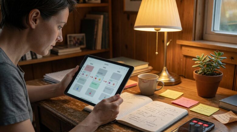 Micro-agency owner reviewing sales pipeline in a free CRM application on laptop screen