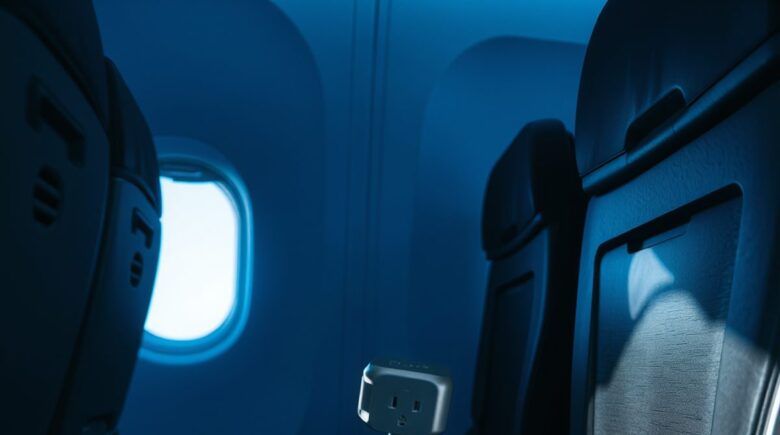 Allocacoc USB-C power strip with universal plug adapters plugged into aircraft seat outlet
