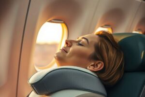 Man wearing a neck pillow with built-in strap on airplane seat