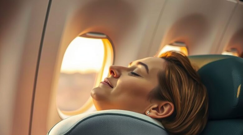 Man wearing a neck pillow with built-in strap on airplane seat