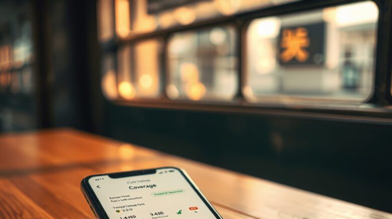 Smartphone displaying offline insurance app interface with policy details and emergency contacts accessible without internet connection