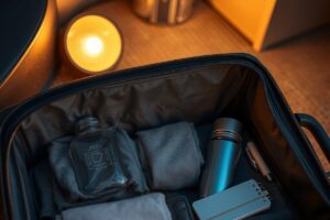 Open carry-on luggage packed with organized clothing, packing cubes, and travel tech